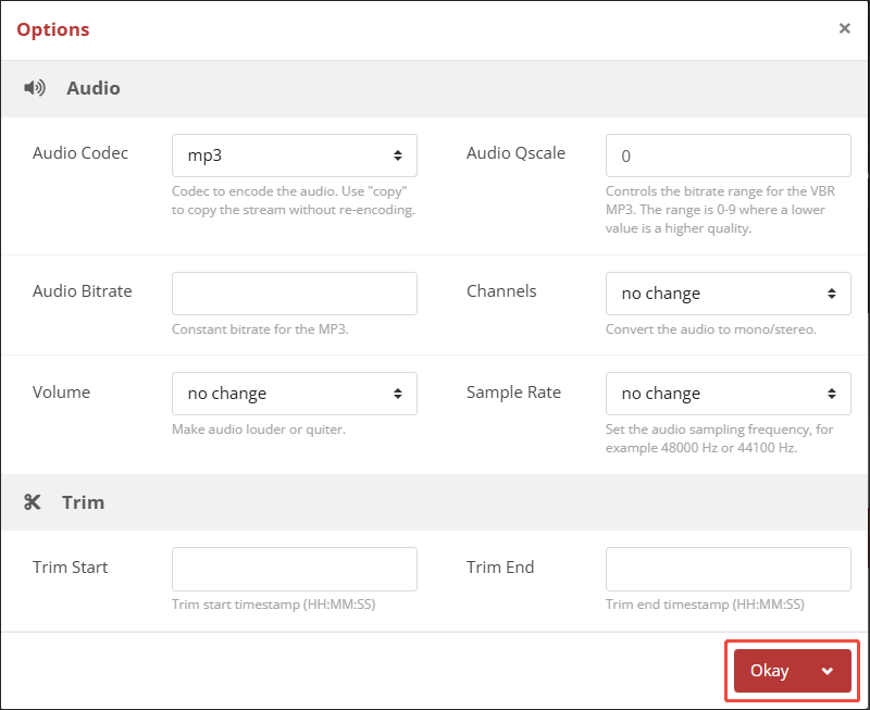 The Options window of CloudConvert
