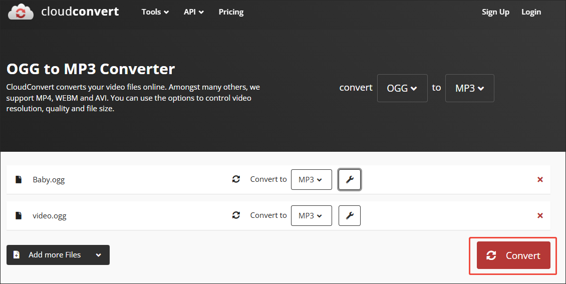 Click on Convert in CloudConvert to start the conversion process
