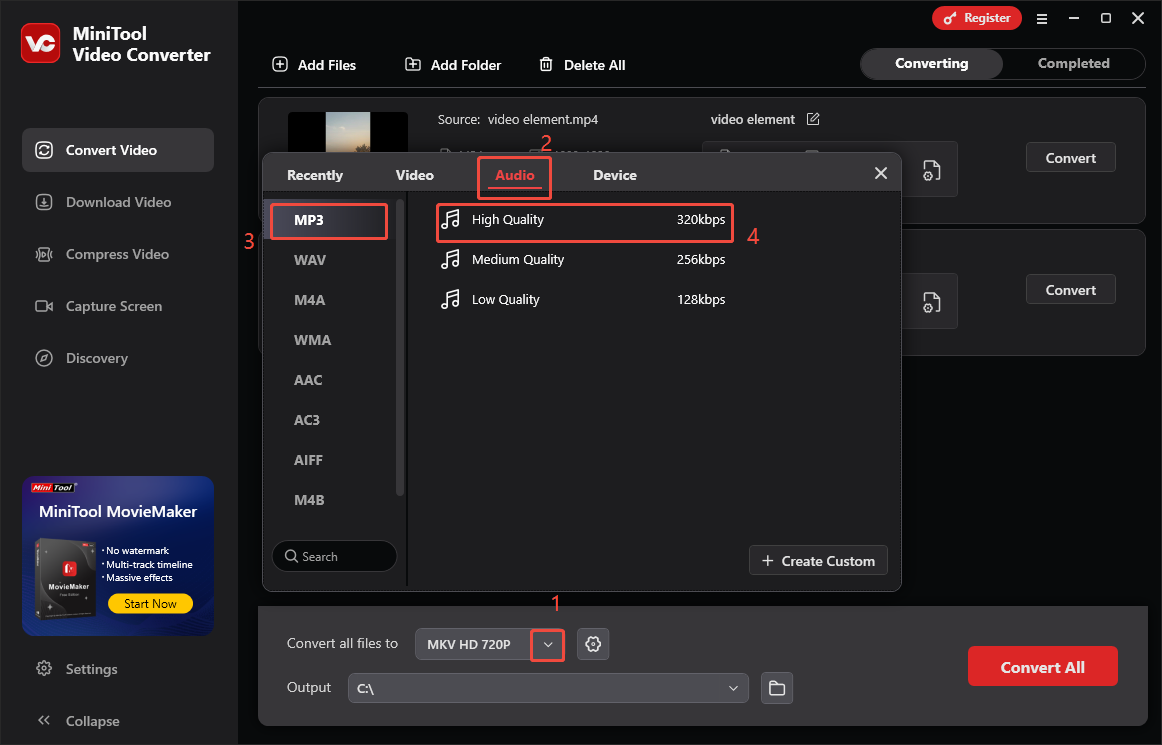 Expand the Convert all files to option in MiniTool Video Converter to choose MP3 High Quality as the output format