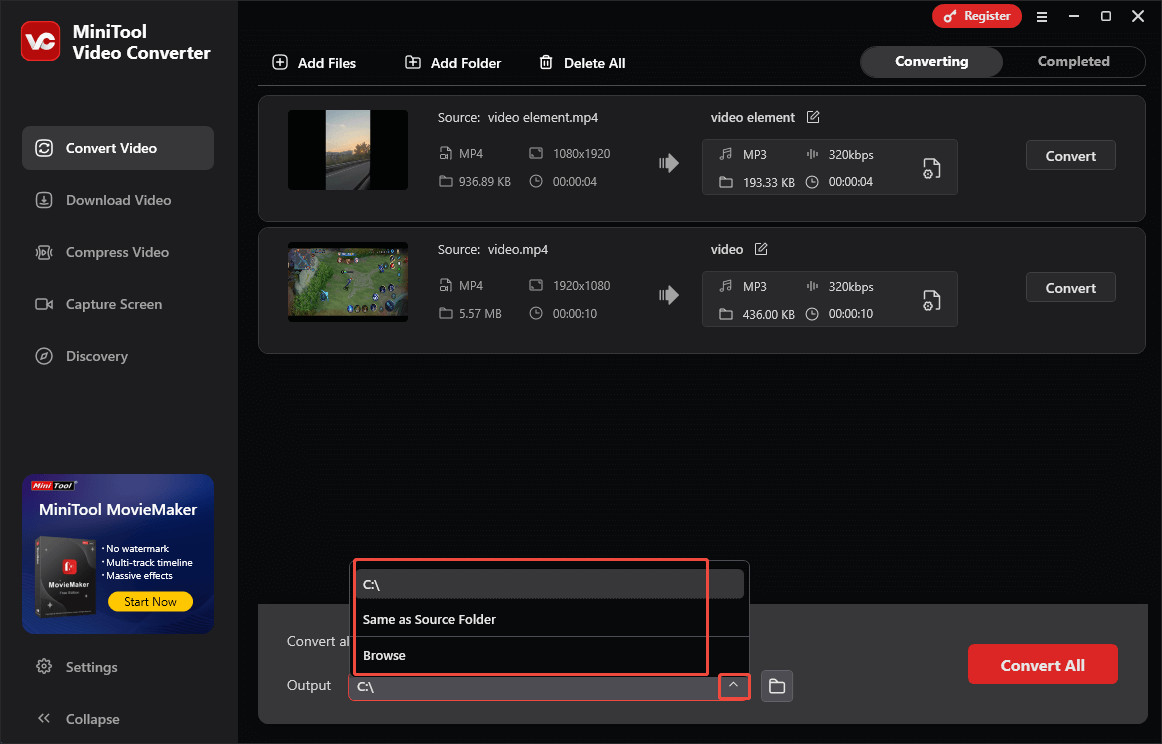 Expand the Output option in MiniTool Video Converter to choose a saving path for the converted files.