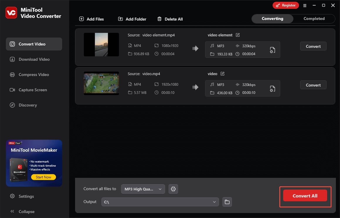 Click on Convert All in MiniTool Video Converter to start the conversion process