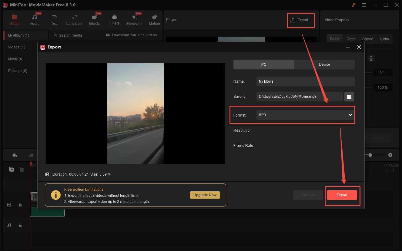 Specify the output settings and click on Export in MiniTool MovieMaker to begin saving the output file