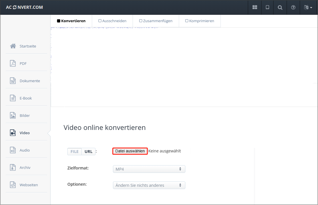 FLV-Video auf Aconvert hochladen, indem Sie auf „Datei auswählen“ klicken