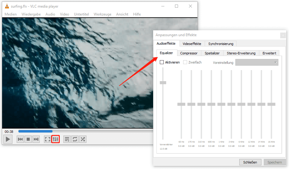 Audioeffekte, Videoeffekte und deren Synchronisationsstatus anpassen, indem Sie in VLC auf „Erweiterte Optionen anzeigen“ klicken