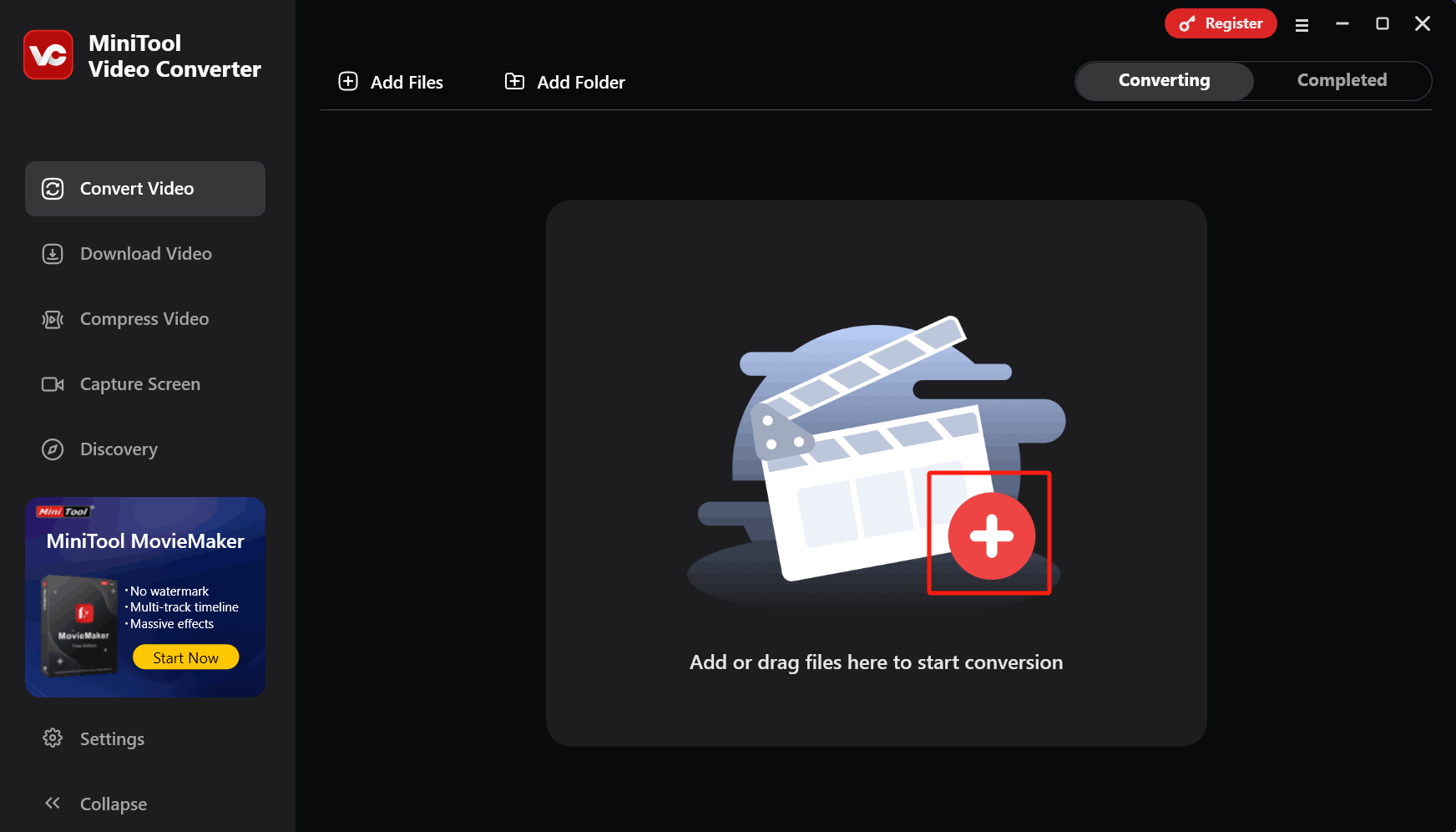 Click the plus icon in MiniTool Video Converter to upload the target video