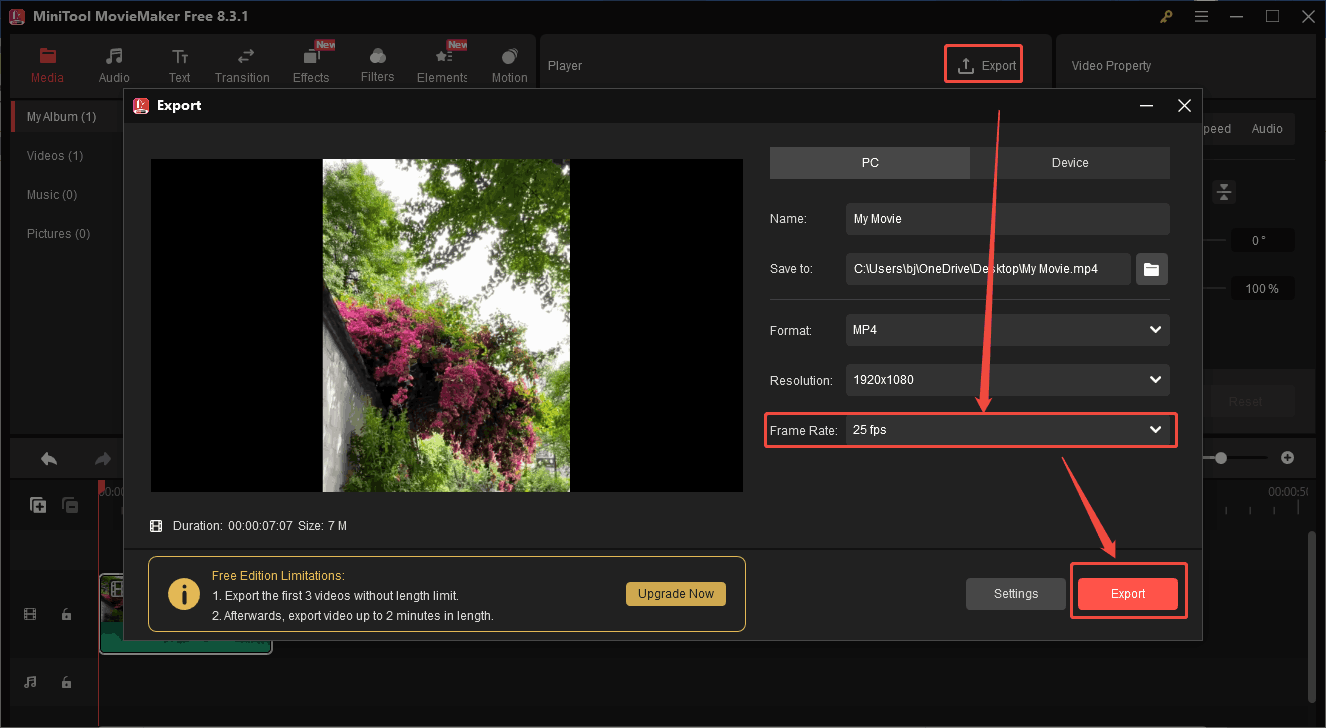 Specify the output settings and click on Export in MiniTool MovieMaker to save the converted video
