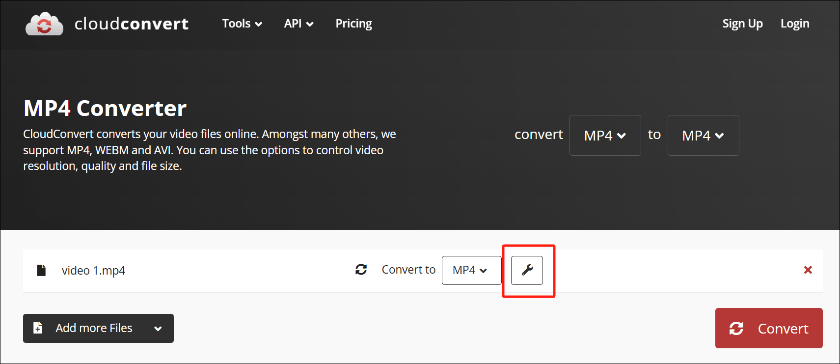 Click on the wrench icon in CloudConvert to enter the Options window