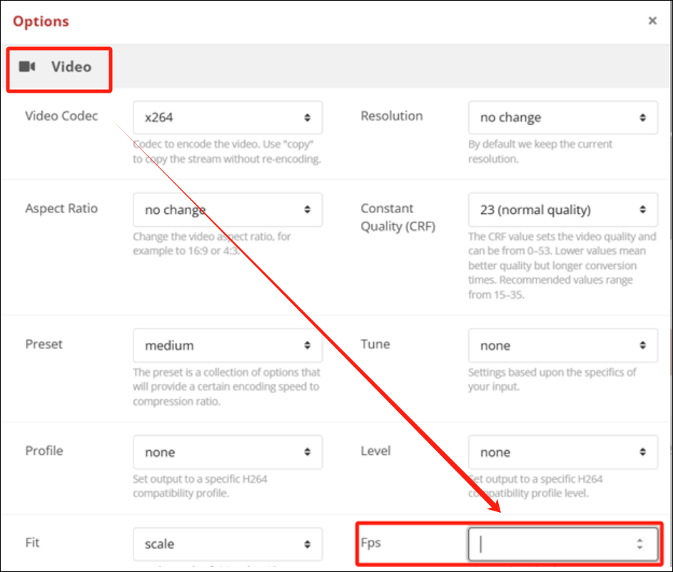 Input the frame rate into the Fps option in CloudConvert according to your needs