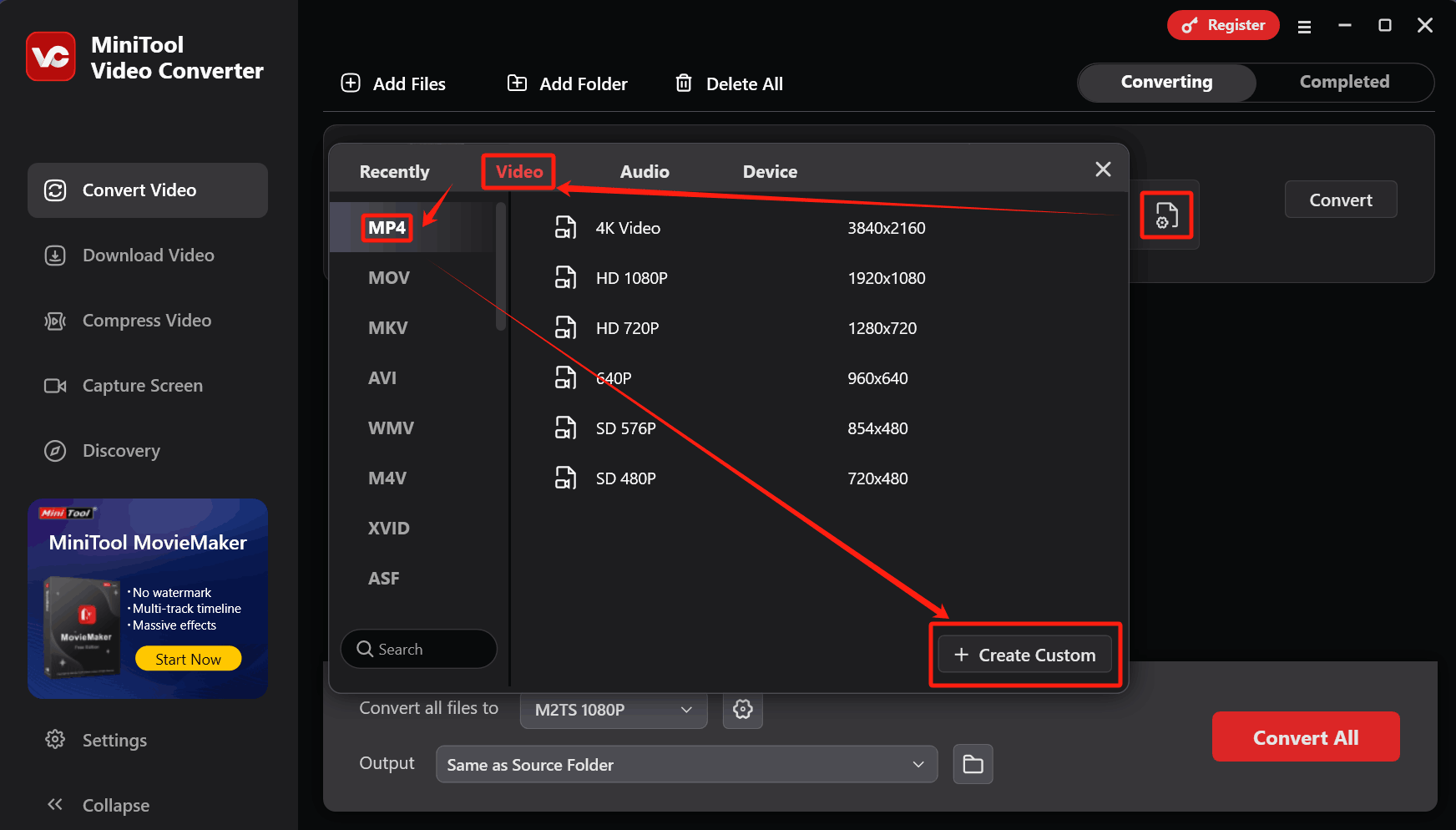 Click on the + Create Custom in the output format window of MiniTool Video Converter to open the Settings window