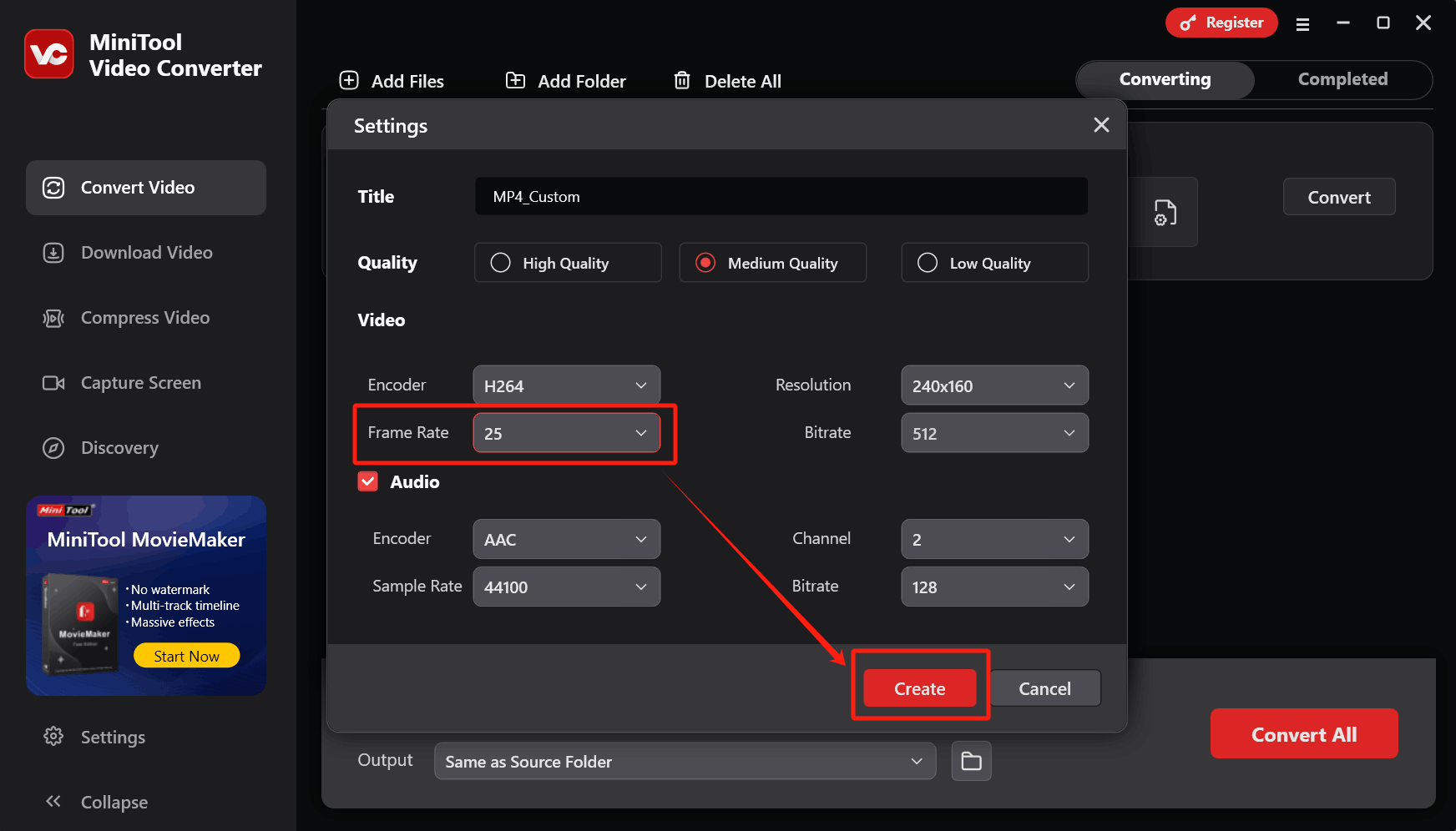 Expand the Frame Rate option in the Settings window of MiniTool Video Converter to customize the frame rate