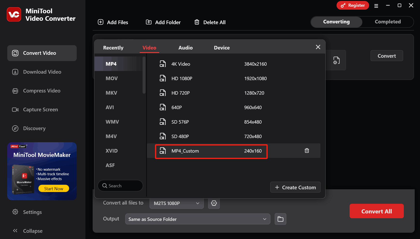 Click on the MP4_Custom in MiniTool Video Converter to set it as the converted format