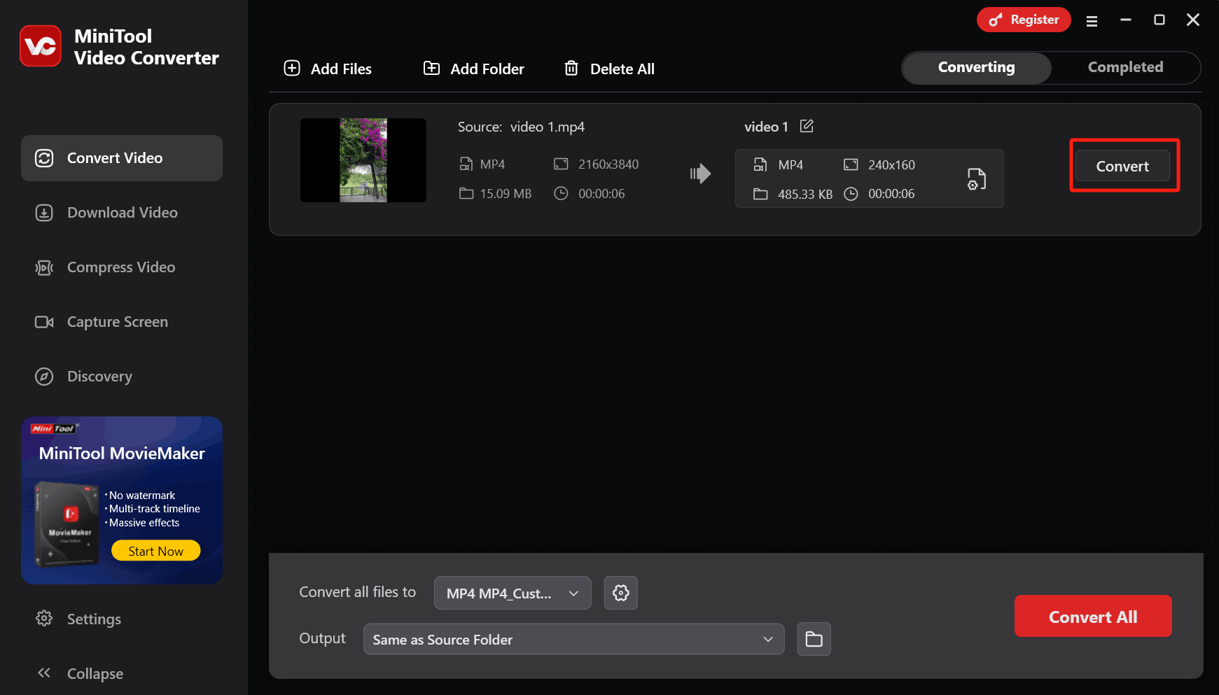 Click on the Convert button in MiniTool Video Converter to start the conversion process