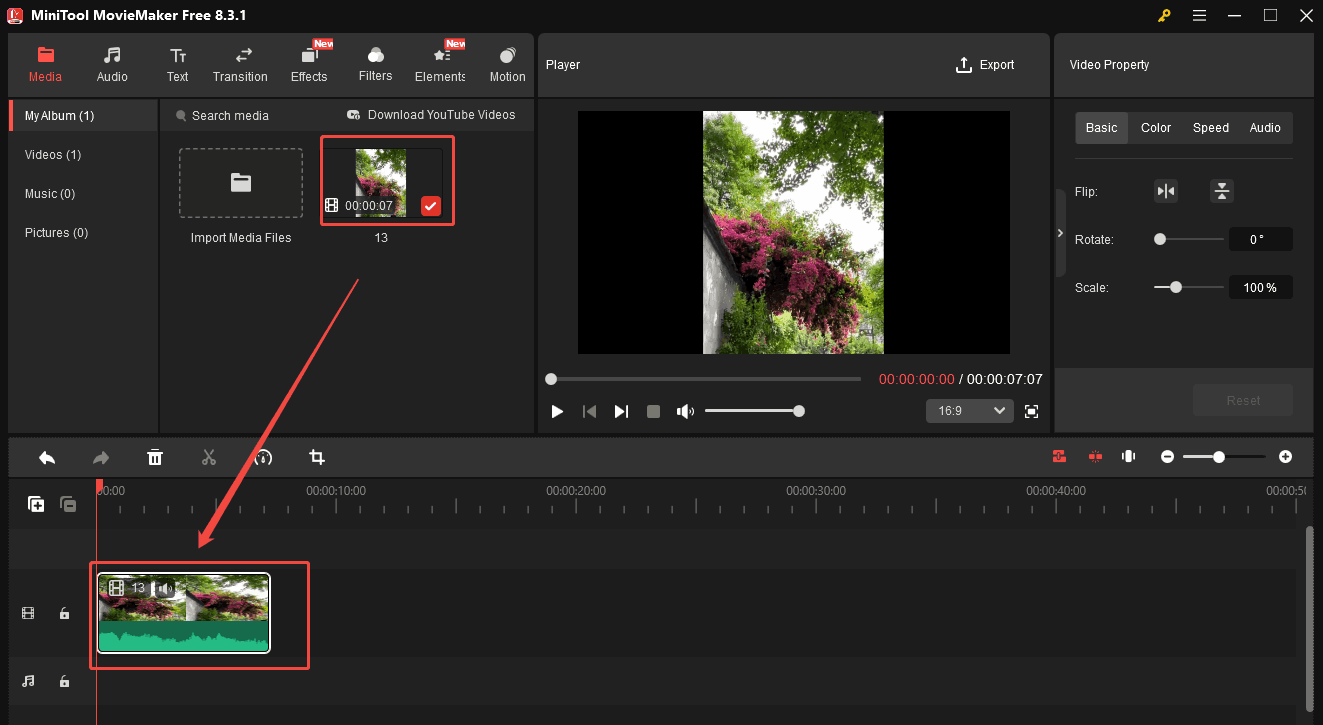 Drag the imported file onto the timeline below in MiniTool MovieMaker