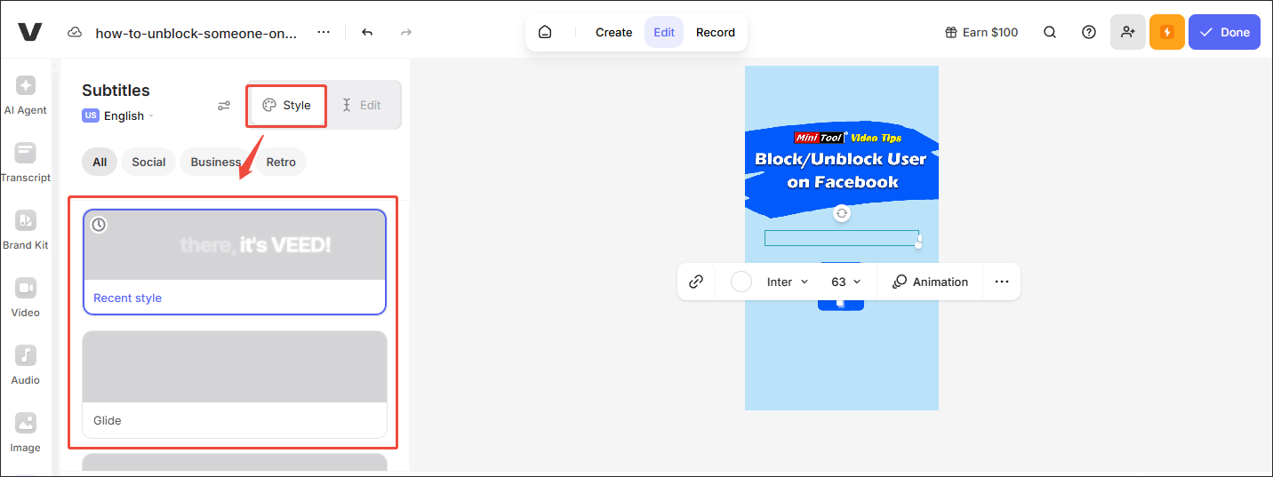 Edit the subtitles under the Style tab of VEED.IO