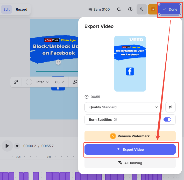 Click Export Video in the Export Video window of VEED.IO to begin exporting the video