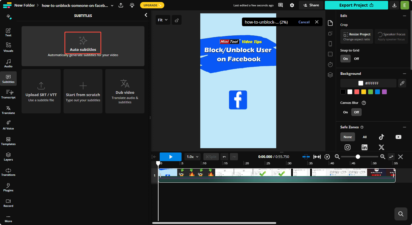 Click on Auto subtitles in Kapwing to enter the next interface