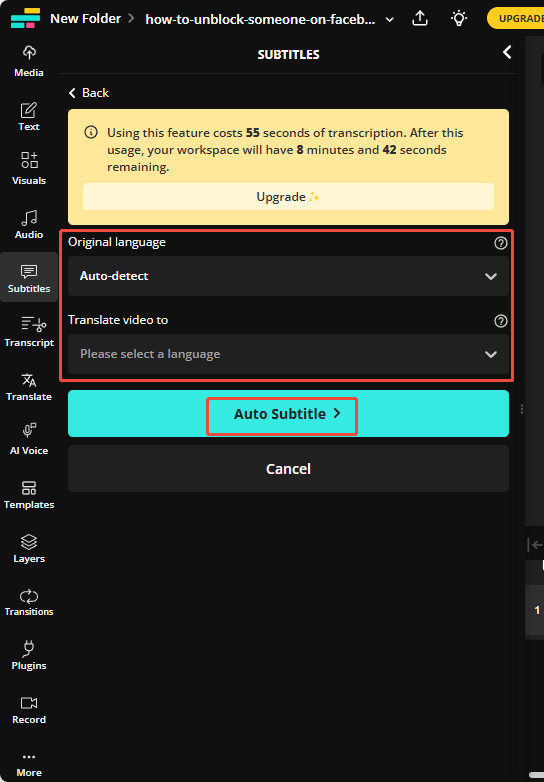 Click on Auto Subtitle in Kapwing to start generating subtitles after setting the video language