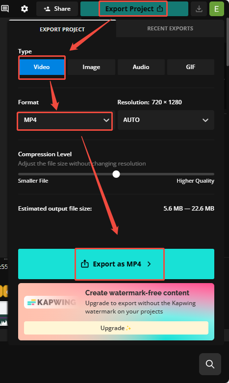 Click on Export as MP4 in Kapwing to export the video file