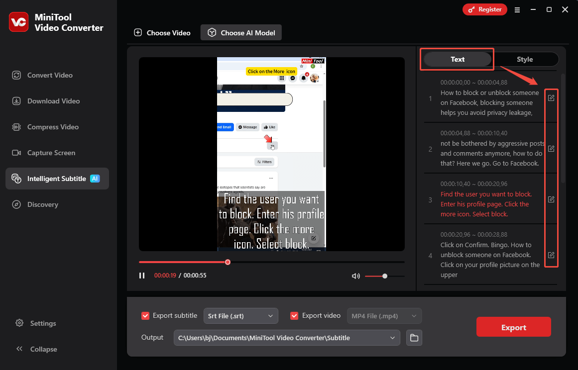 Click on the Edit icon under the Text tab of MiniTool Video Converter to retype the subtitles