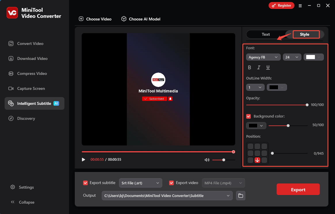 Customize the subtitles under the Style tab of MiniTool Video Converter