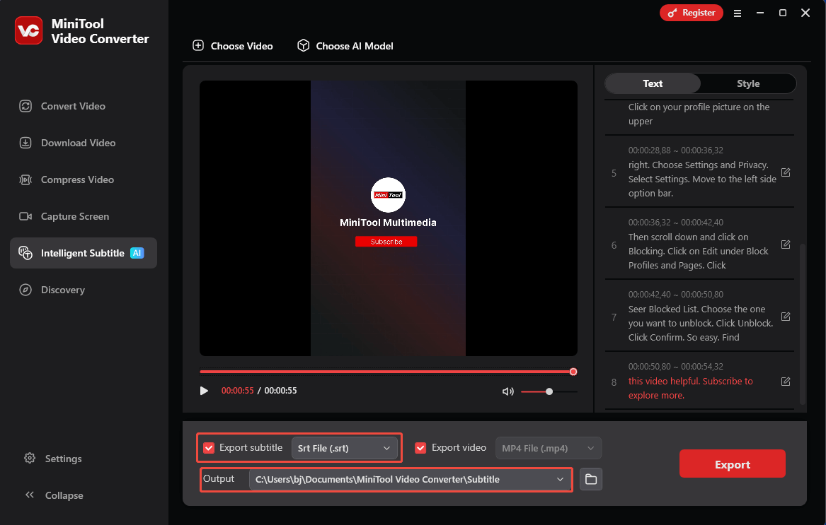 Expand the Export subtitle option in MiniTool Video Converter to set the export mode and choose a saving path for the output files