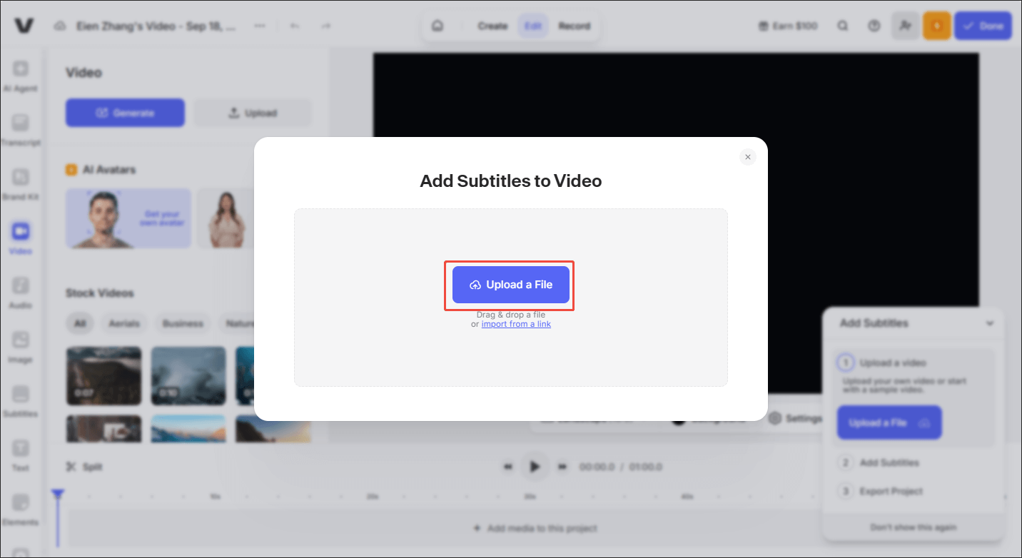 Click on Upload a File in VEED.IO to import your video