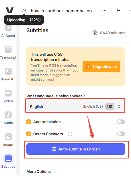 Select the video language and click on Auto-subtitle in English in VEED.IO to start generating subtitles