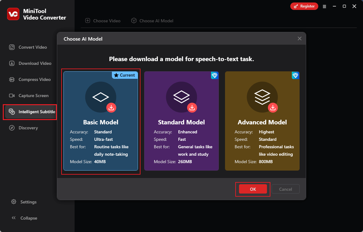 Go to the Intelligent Subtitle section, choose an AI model, and click OK in MiniTool Video Converter