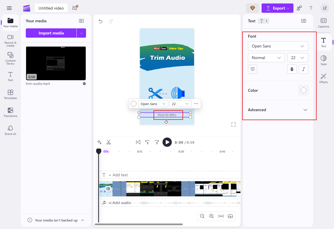 Configure the subtitle settings in Clipchamp