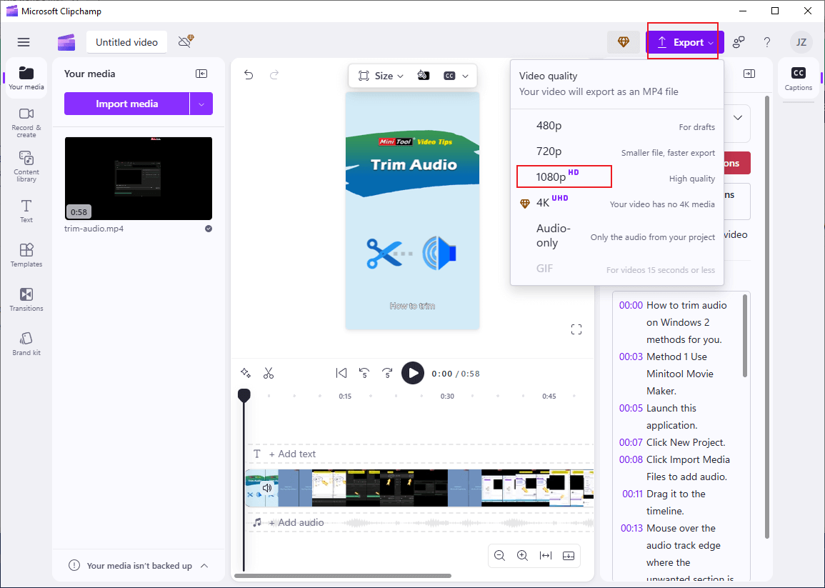 Click Export and choose 1080p in Clipchamp