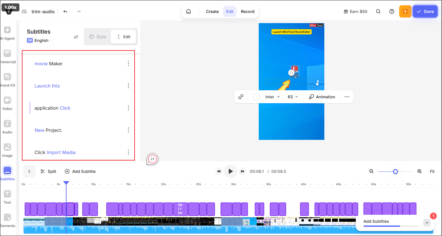 Edit the subtitles in VEED