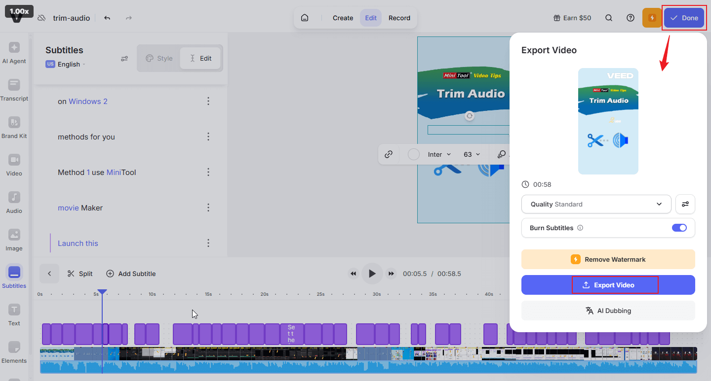 Click Done at the top right and click Export Video in VEED to save the video with subtitles