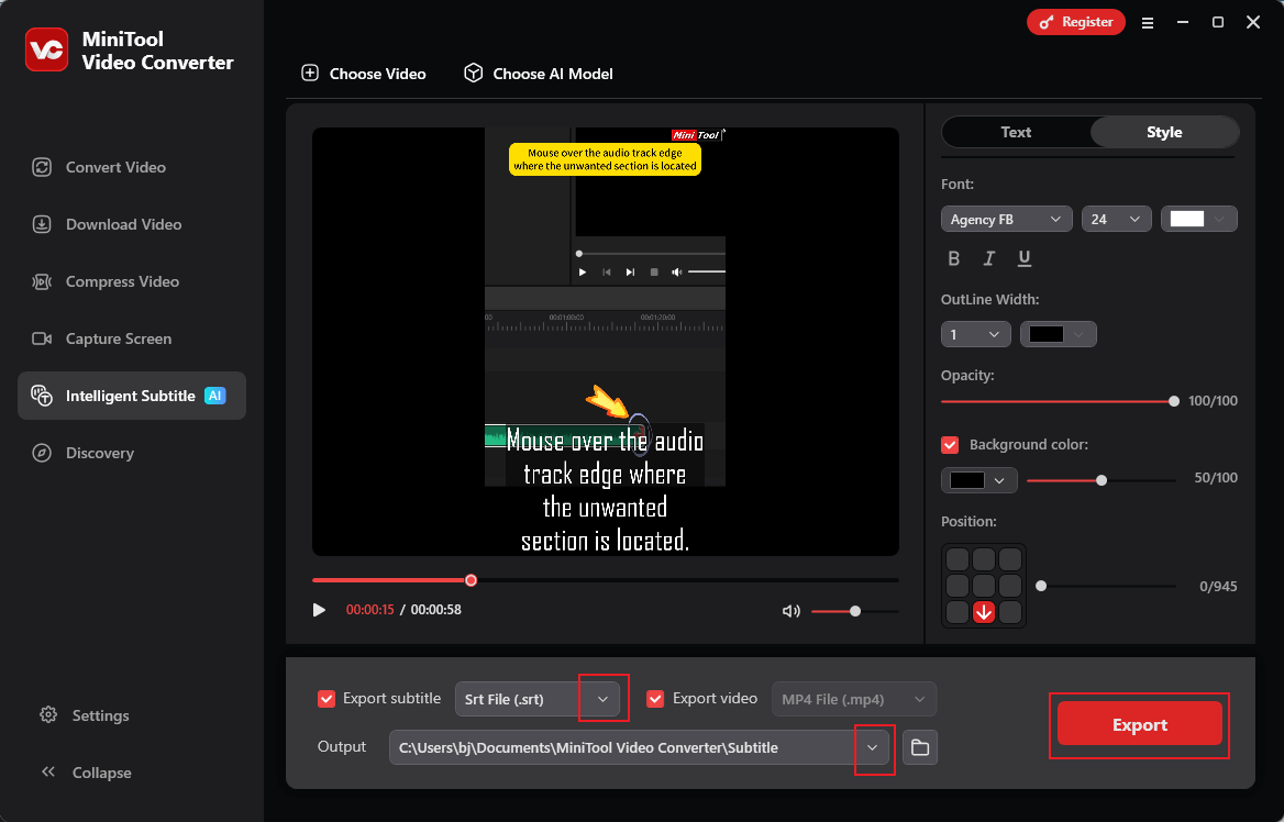 Choose a subtitle format, an output folder, and click Export in MiniTool Video Converter to save the video