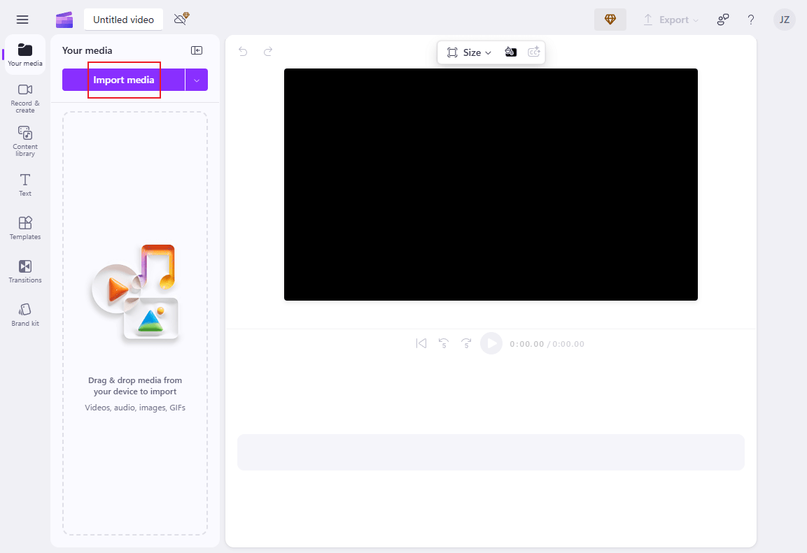 Click import media to upload the video to Clipchamp