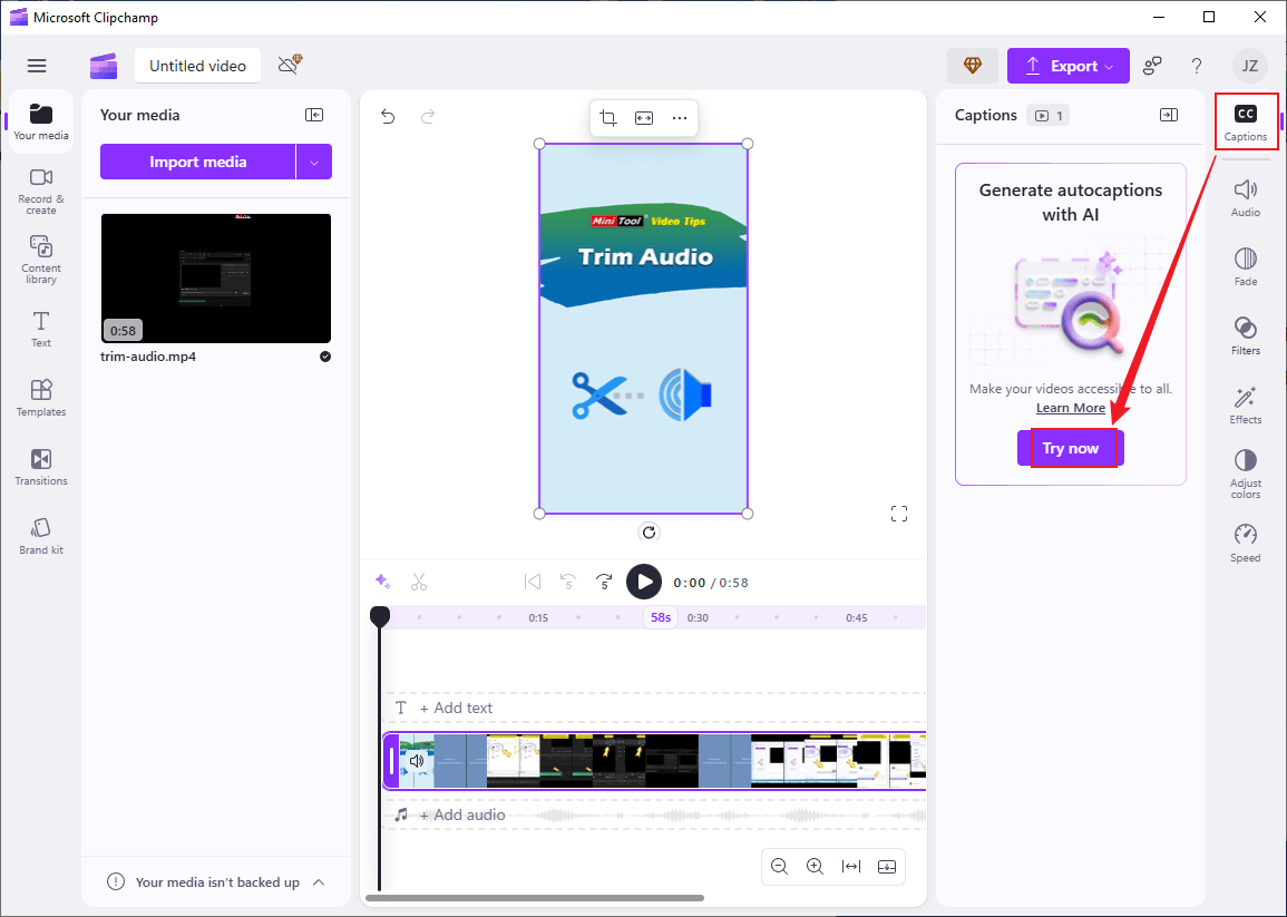Click Captions and click Try now in Clipchamp for subtitle generating