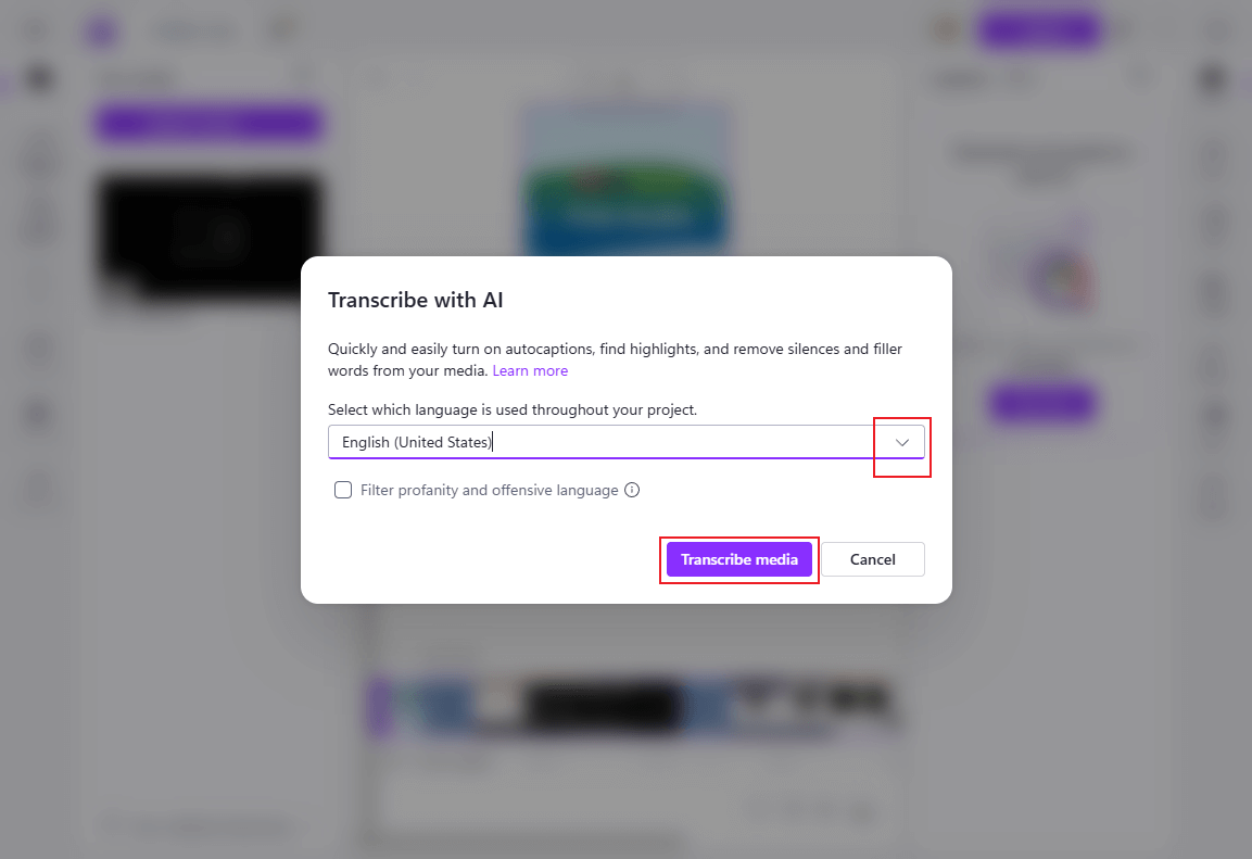 Choose a subtitle language and click Transcribe media in Clipchamp to generate subtitles from video