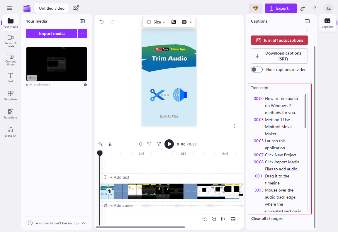 Edit the text in Clipchamp