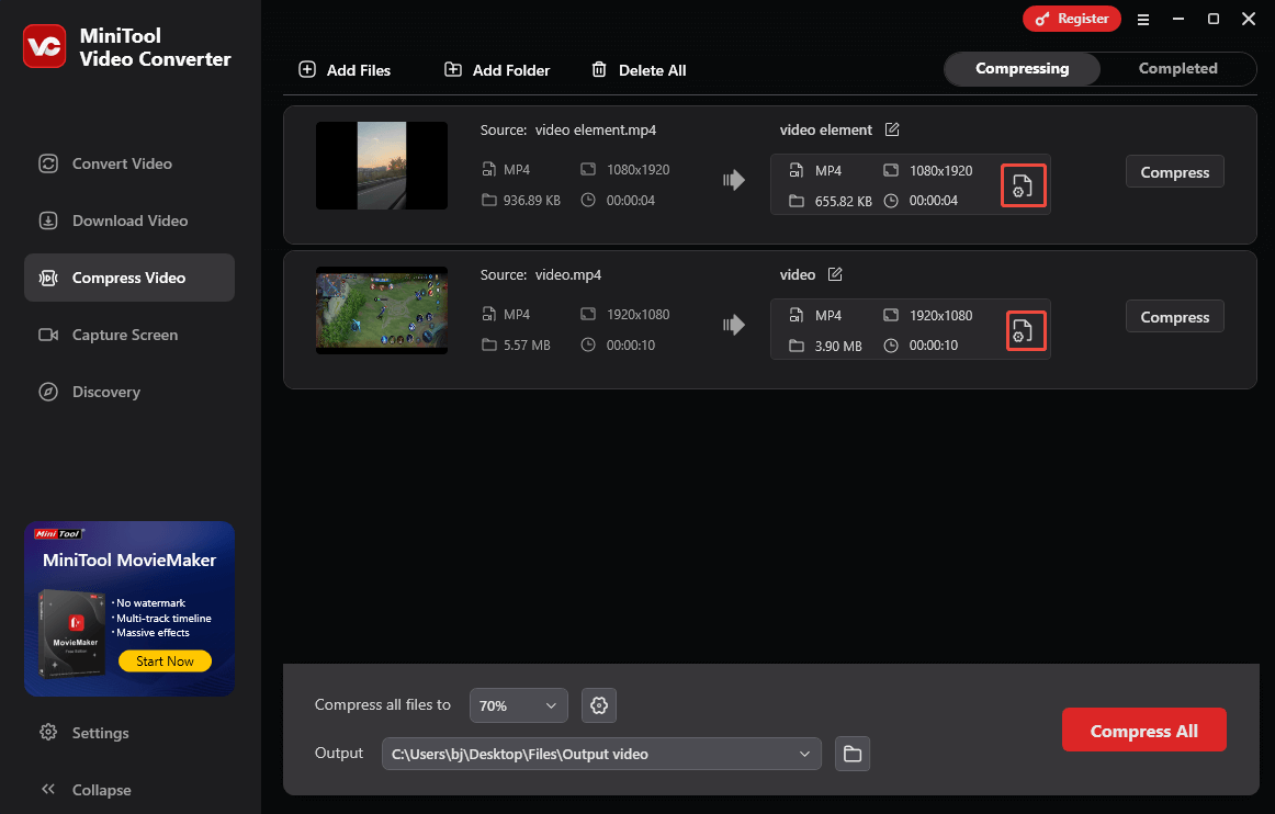 Click on the Settings icon in MiniTool Video Converter to enter the Compression Settings window
