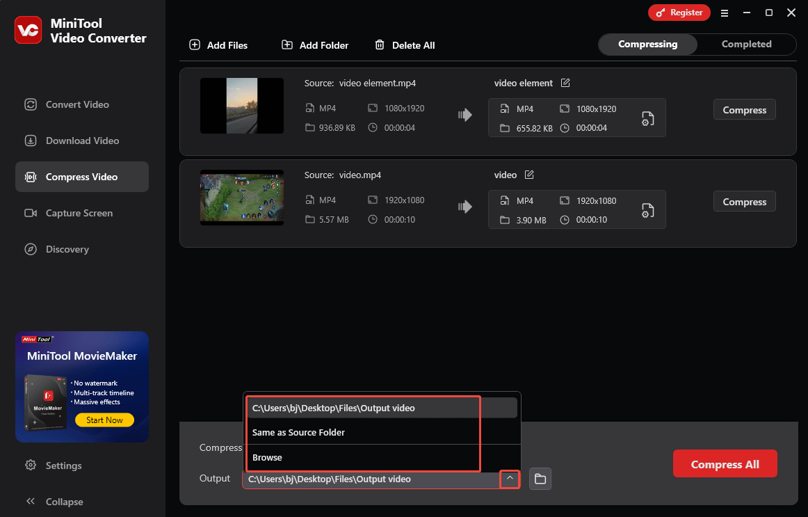 Expand the Output option in MiniTool Video Converter to choose a saving path for the compressed files