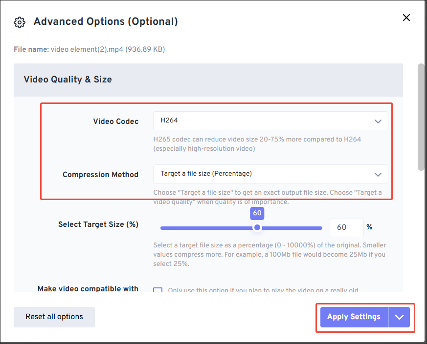 The Advanced Options window of FreeConvert Video Compressor