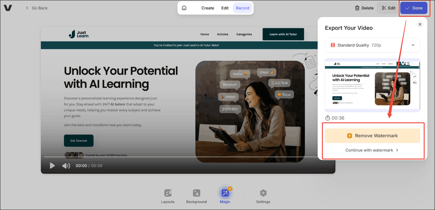 Expand the Done option in VEED.IO to choose a save method for the recorded video