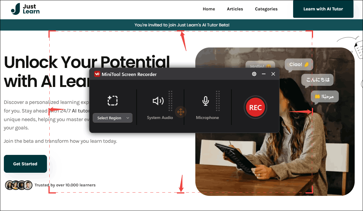 Drag the red dotted border in MiniTool Video Converter to determine the recording region