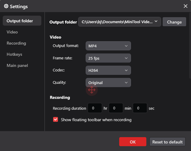 The Settings window of MiniTool Screen Recorder