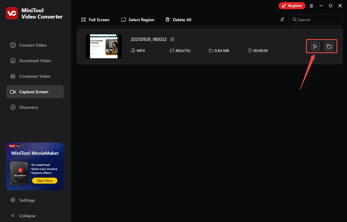 Click on the Play icon or the Folder icon in MiniTool Video Converter to check or locate the recorded content