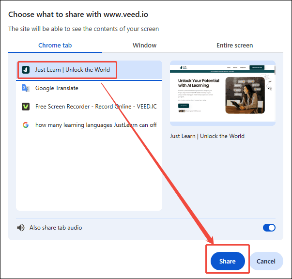 Choose the JustLearn web page and click the Share button in the pop-up window of VEED.IO to save the choice