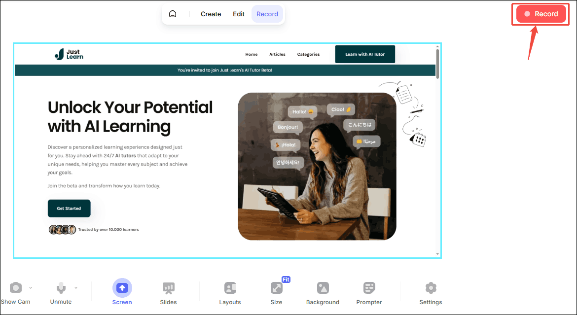 Click the upper-right Record button in VEED.IO to begin the JustLearn recording process