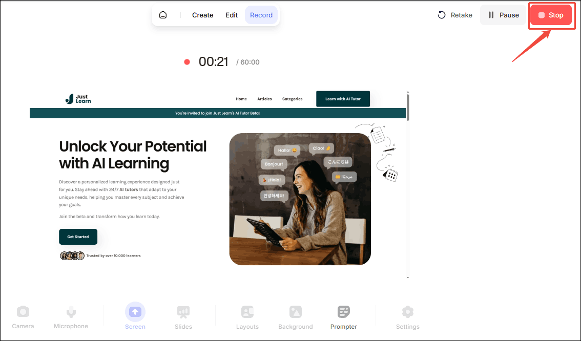 Click the Stop option in VEED.IO to end the recording