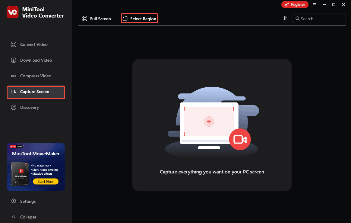 Click on the Select Region option in the Capture Screen tab of MiniTool Video Converter to trigger the MiniTool Screen Recorder window