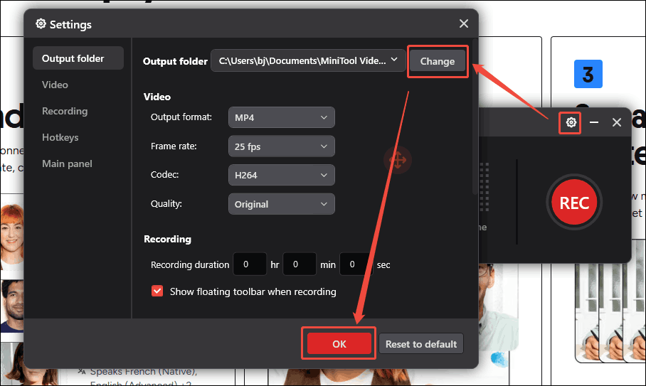 Customize the saving path for the recording file in the Settings window of MiniTool Screen Recorder