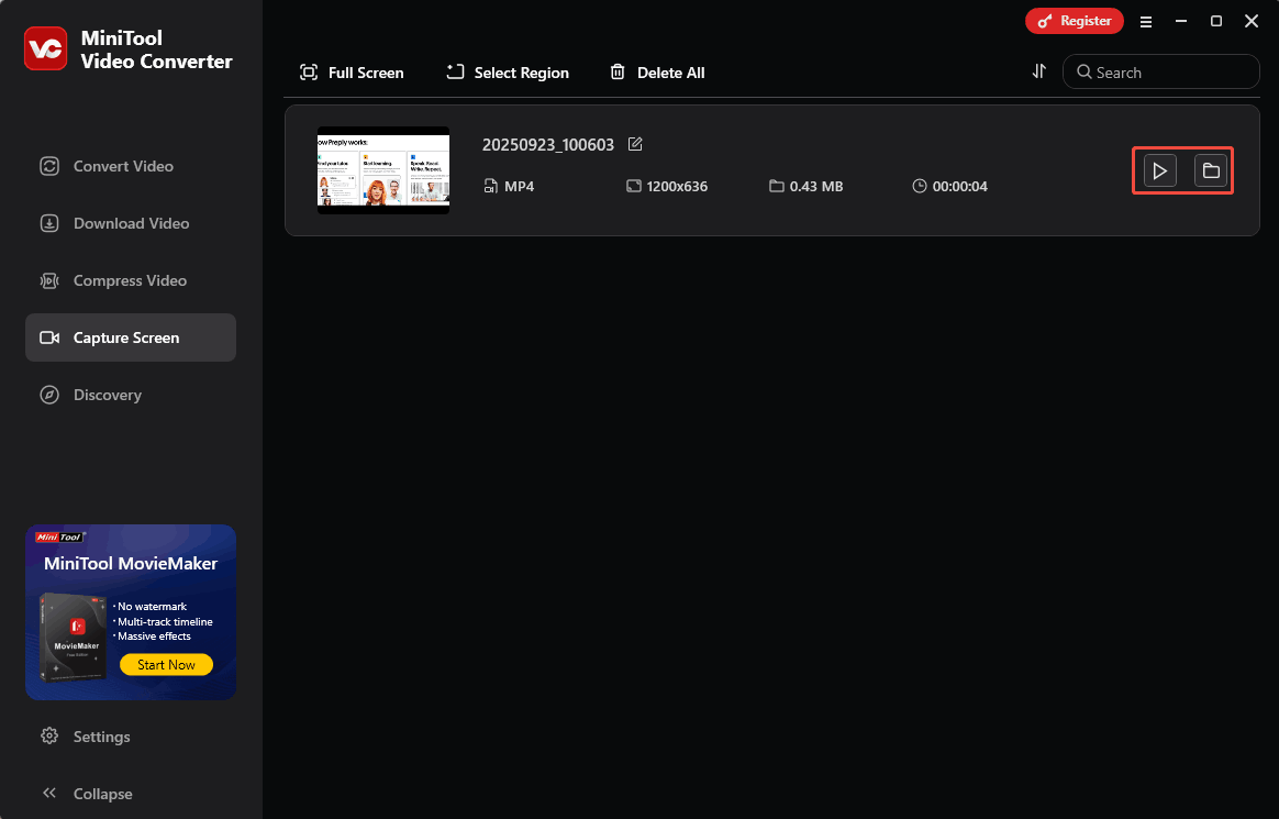 Click on the Play icon or the Folder icon in MiniTool Video Converter to check or locate the recorded course